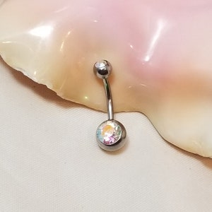 14G Aurora Borealis Surgical Steel belly ring with CZ gems 10mm (3/8) for standard or initial piercings