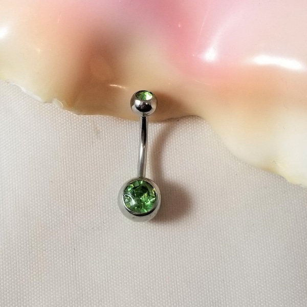 14G Green Surgical Steel belly ring with CZ gems 10mm (3/8) for standard or initial piercings