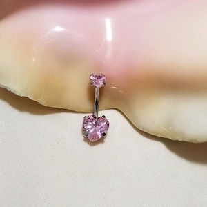 14G Surgical Steel belly ring with pink heart CZ prong set gems