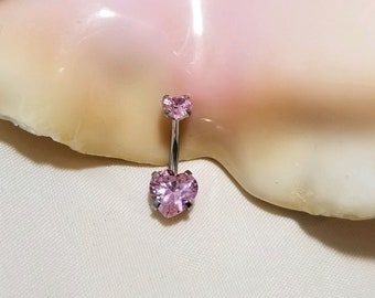 14G Surgical Steel belly ring with pink heart CZ prong set gems