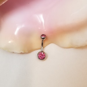 14G PINK Surgical Steel belly ring with CZ gems 10mm (3/8) for standard or initial piercings