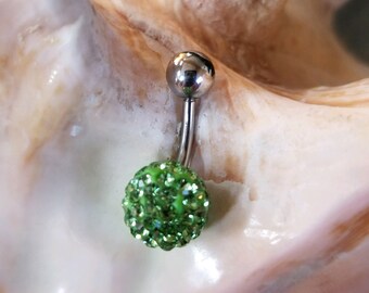 14G Green Shamballa crystal ball belly button ring - navel bar