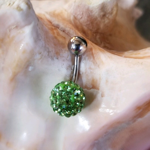 14G Green Shamballa crystal ball belly button ring - navel bar