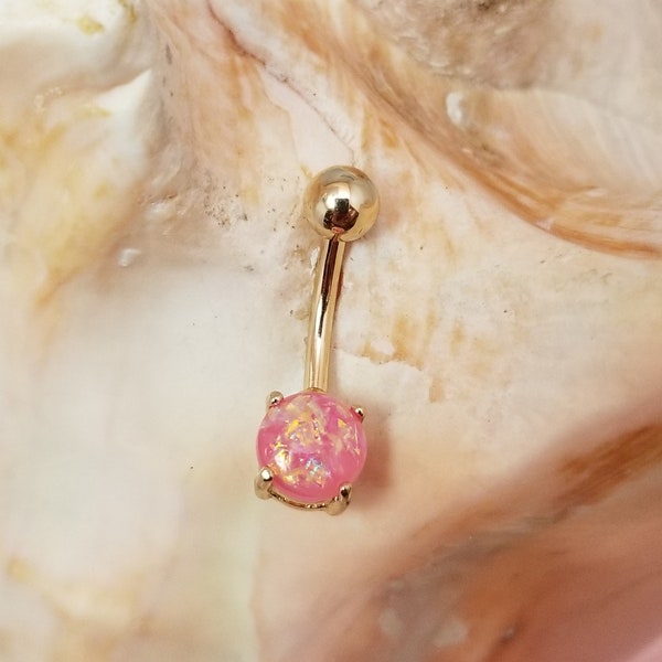 14G 14K Gold belly ring with simulated pink glitter opal prong set