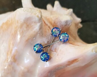 14 gauge 14g Pair of Sparkling synthetic Greenish Blue fire Opal Nipple rings body Jewelry piercing bar barbell shield ring 14 gauge 14g Pair of Sparkling synthetic Greenish Blue fire Opal Nipple rings body Jewelry piercing bar barbell shield ring