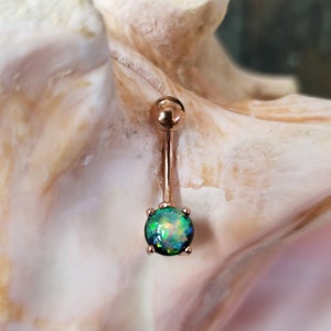 14G Rose gold belly ring with simulated dark green glitter opal prong set