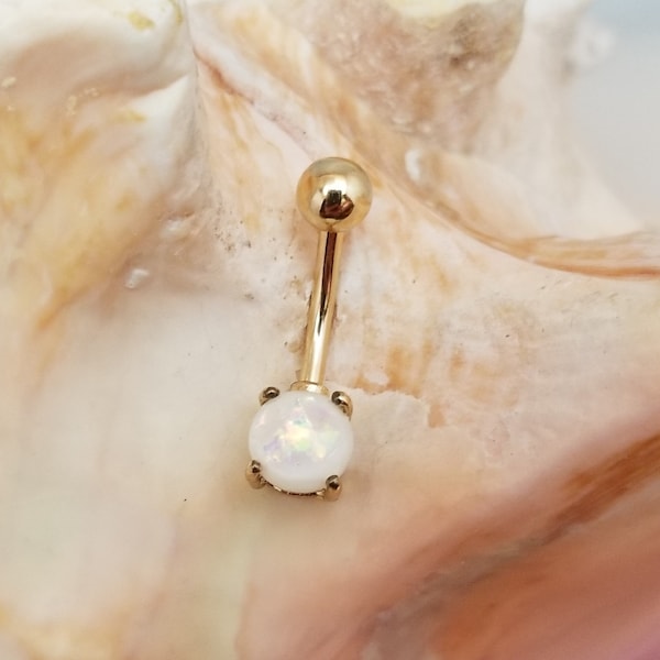 14K Gold plated belly ring with simulated white glitter opal