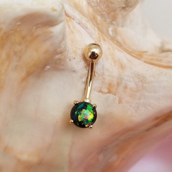 14G 14K Gold belly ring with simulated dark green glitter opal prong set