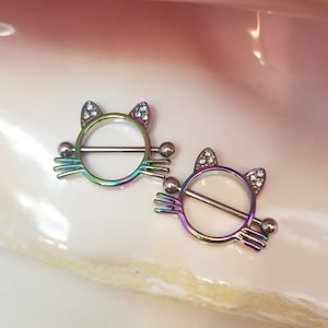 14G Rainbow Cat Surgical Steel Clear CZ Gem Nipple Shield piercing jewelry