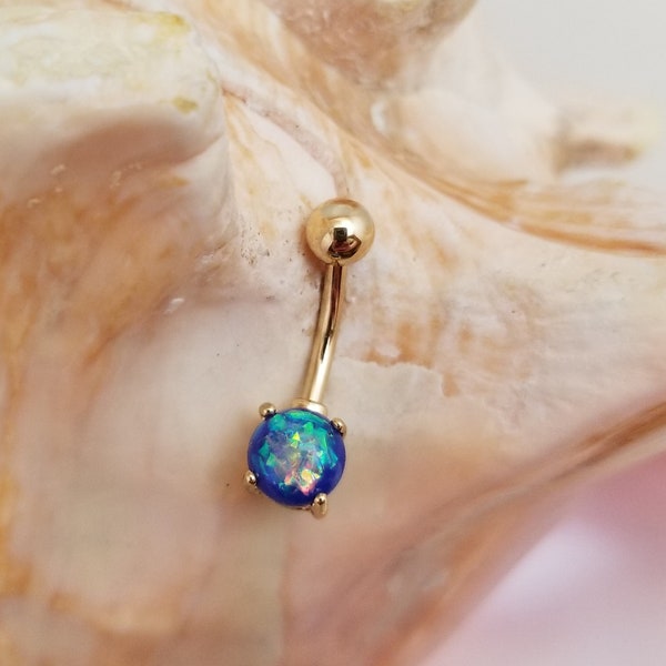 14G 14K Gold belly ring with simulated blue glitter opal prong set