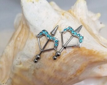 Pair of Bow and Arrow Nipple Shields with Gems 14ga Piercing Barbells Included Pair of Bow and Arrow Nipple Shields with Gems 14ga Piercing Barbells Included