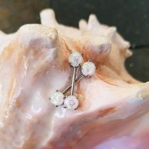 PAIR white glitter synthetic opal nipple bars 14G
