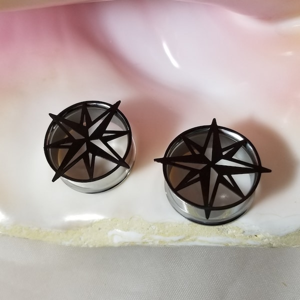 Pair Nautical Star Surgical Steel Double Flare Tunnels Gauges