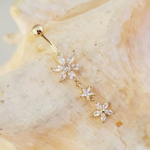 14G Cascading flower gold plated dangle belly ring with clear CZ gems