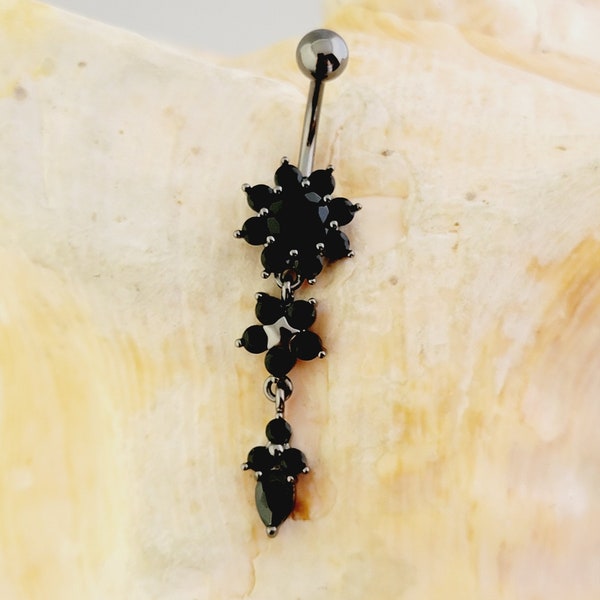 Dangle flower belly button ring - black gem