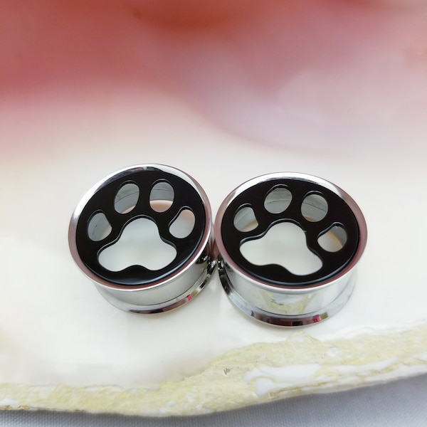 Pair Black Paw Print Surgical Steel Double Flare Tunnels Gauges