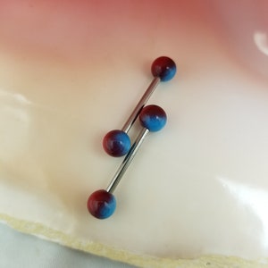 Marroon and Blue 14G tongue barbell or nipple bars with ball ends - Pair