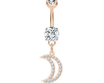 Filigree Moon with Sun Star Clear Cz Dangle Belly Navel Ring Body Jewelry