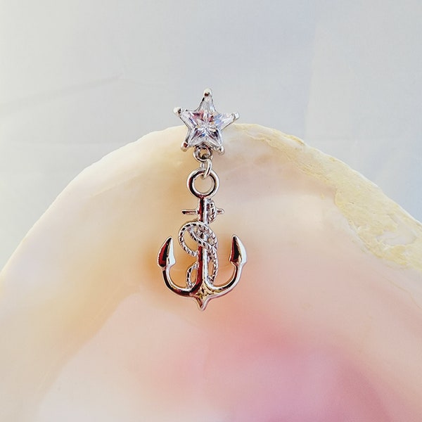 14G anchor reverse top down belly ring with clear star CZ