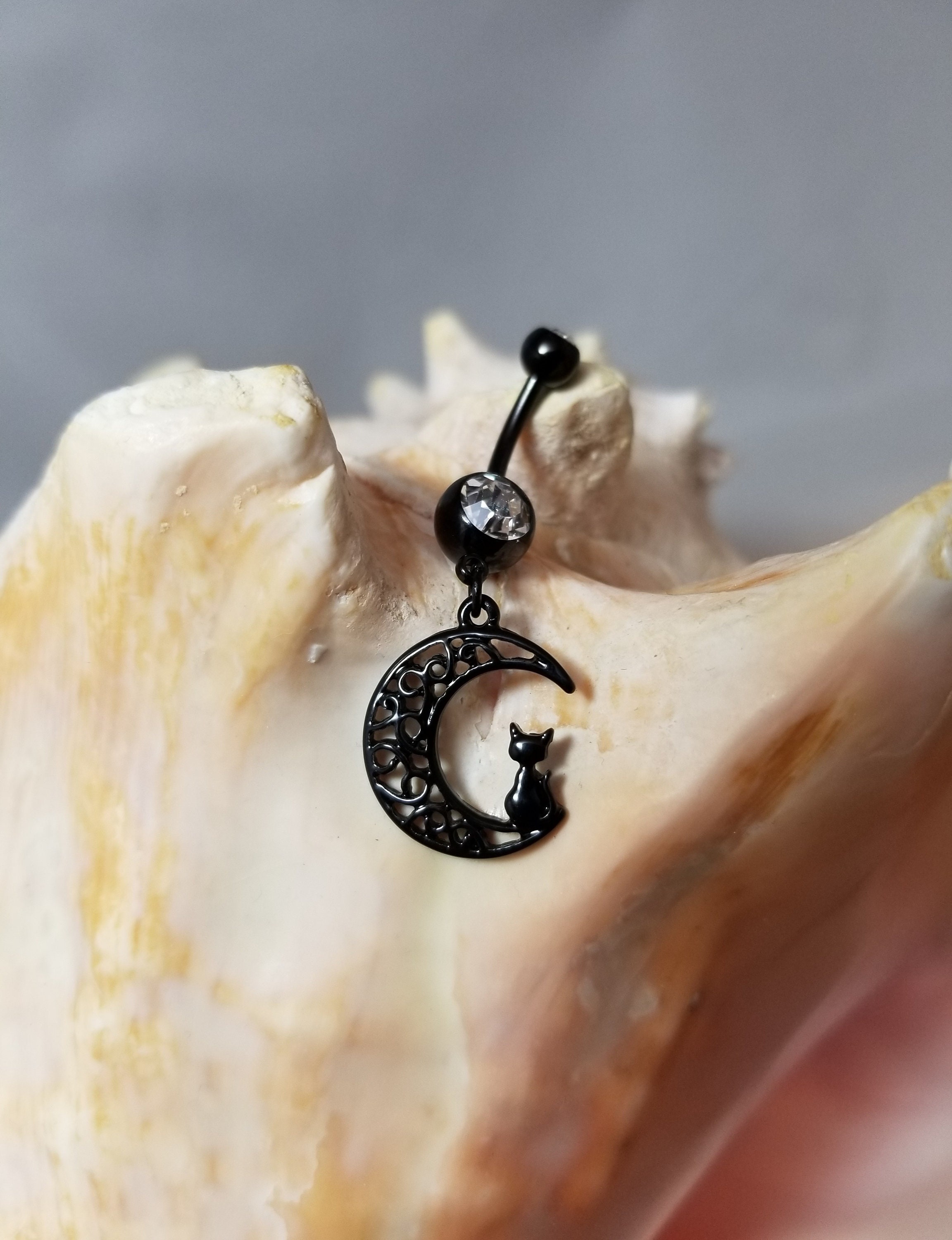 Black Moon and Kitty Cat Belly Ring Dangle Navel Piercing 14G Etsy