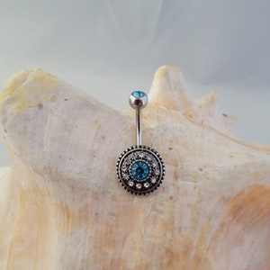 Blue Antique Style Circular Belly ring with clear gems