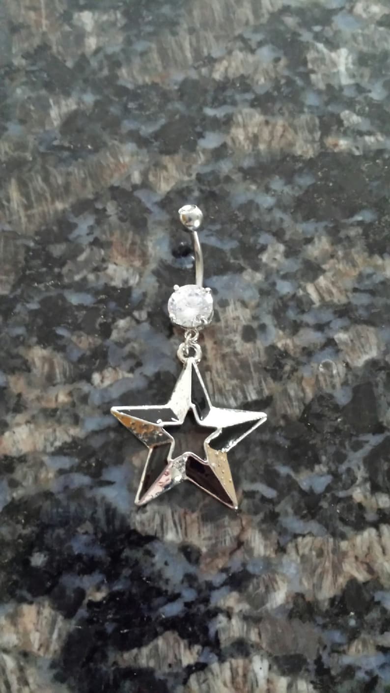 Nautical star belly ring dangle navel piercing double gem 14G clear CZ black silver