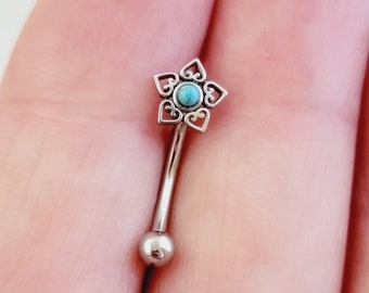 Decorative heart flower with turquoise center 16g brow curved barbell