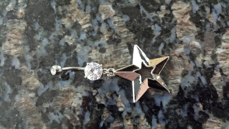 Nautical star belly ring dangle navel piercing double gem 14G clear CZ black silver