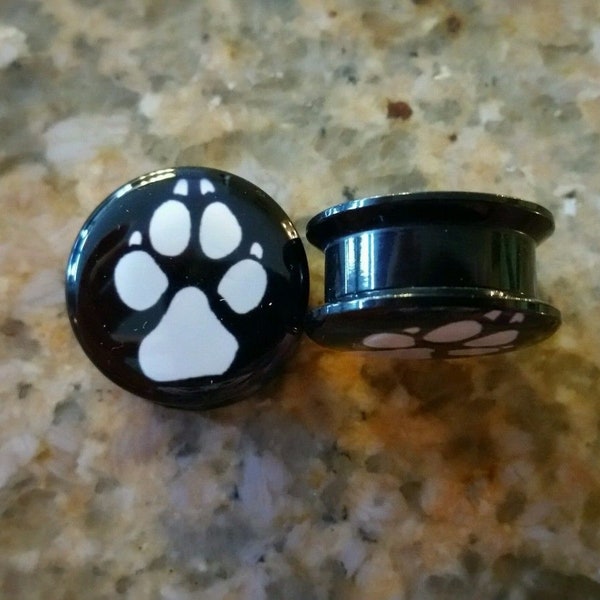 Pair paw print screw fit acrylic plugs 12mm to 25mm