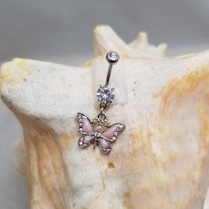 14G Pink Butterfly Dangle Stainless Steel Clear CZ Belly Ring