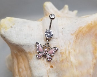 14G Pink Butterfly Dangle Stainless Steel Clear CZ Belly Ring