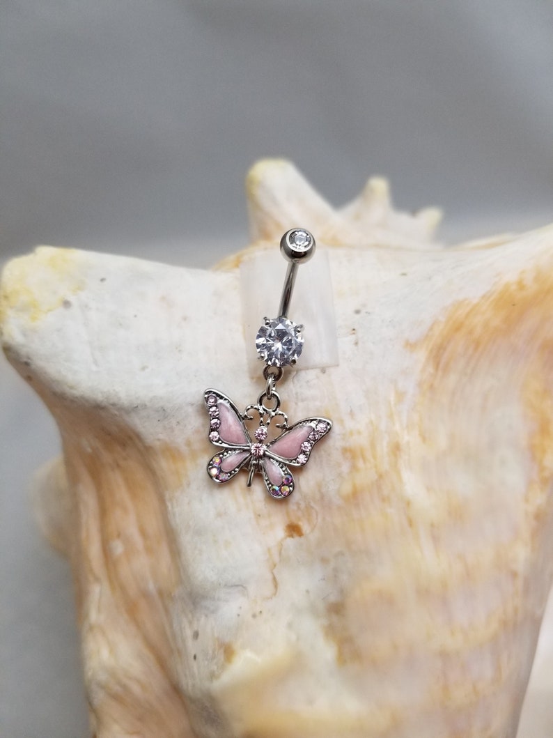 14G Pink Butterfly Dangle Stainless Steel Clear CZ Belly Ring 