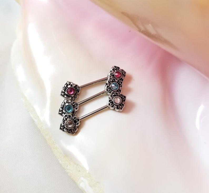 Pair of 14G antique ends nipple bars clear pink or blue crystal center stainless steel