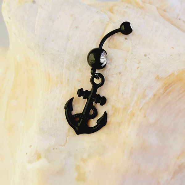 Anchor belly ring dangle navel piercing single gem 14G clear CZ black nautical