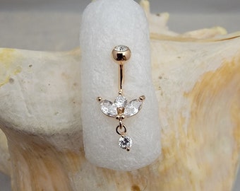 14G Rose Gold Double Marquis w Sprout Dangle Stainless Steel Clear CZ Belly Ring