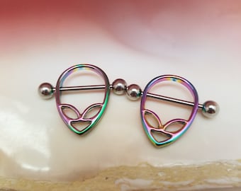 PAIR 14G Alien Face Rainbow Surgical Steel Nipple Shield piercing jewelry