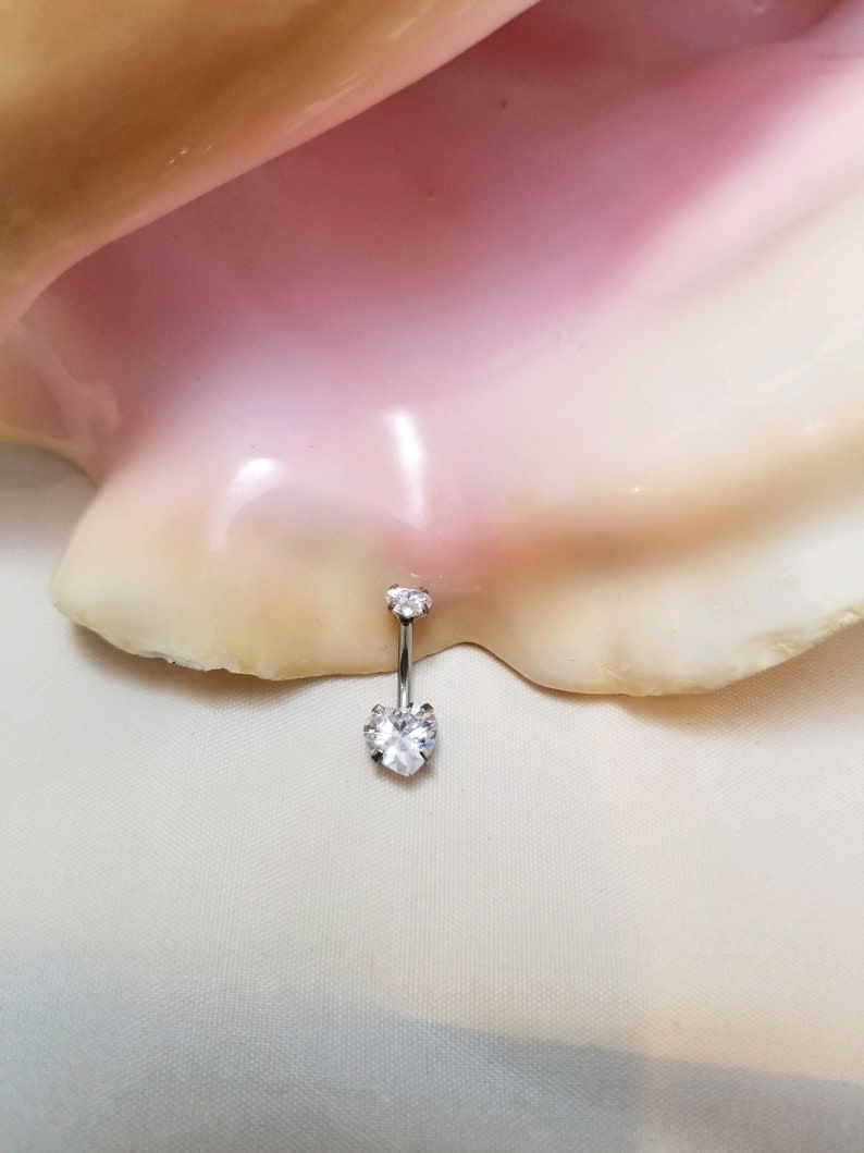 14G Surgical Steel belly ring with Clear heart CZ prong set gems