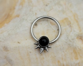 16G Onyx and Spike Captive Bead Ring Charm septum, cartilage piercing jewelry 10 12mm