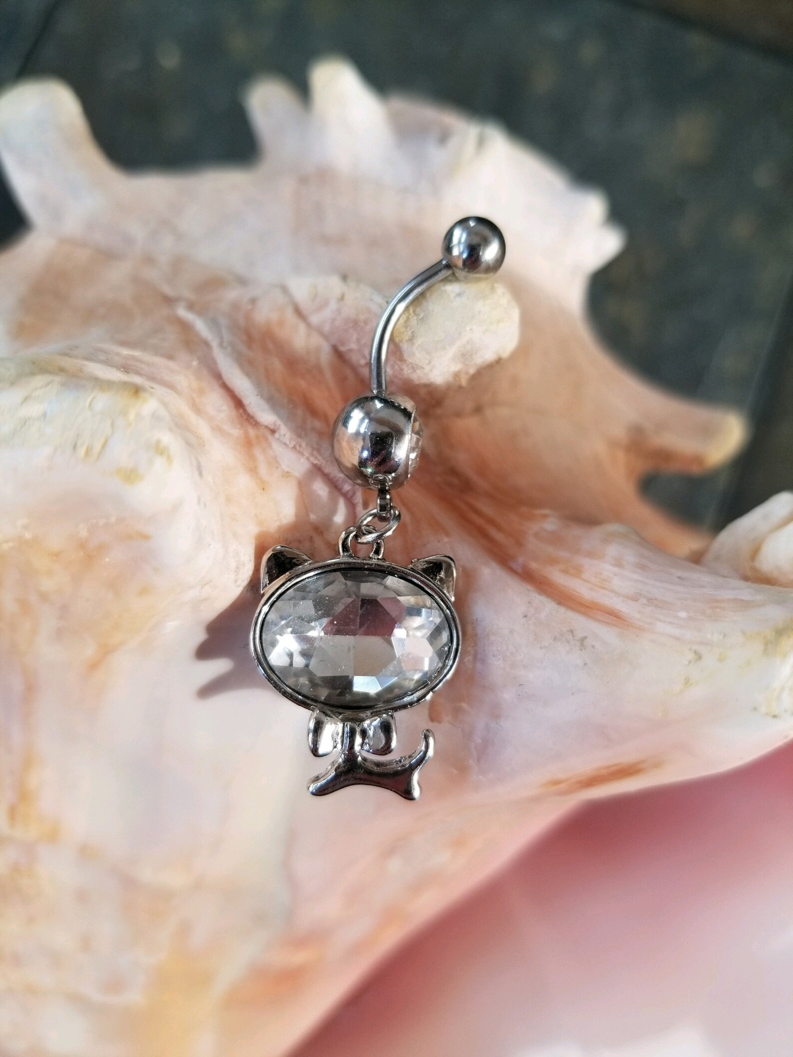 Kitty cat belly ring dangle navel piercing 14G clear CZ gem Etsy