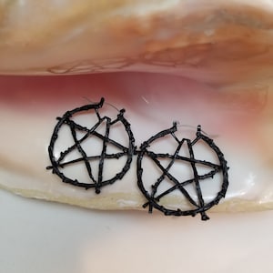 PAIR matte black pentagram earrings, big hoop earrings 18G tunnel hoops