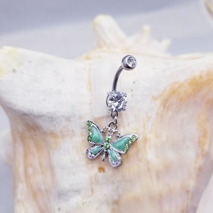 14G Green Butterfly Dangle Stainless Steel Clear CZ Belly Ring