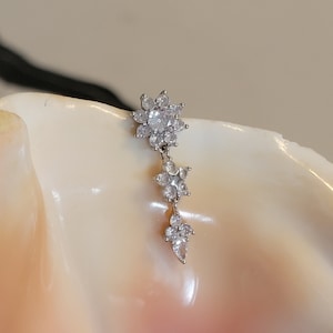 14G reverse top down belly ring with clear flowers