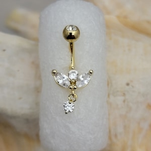 14G Gold Double Marquis w Sprout Dangle Stainless Steel Clear CZ Belly Ring