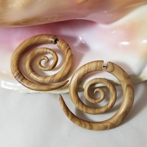 18G Pair of large double spiral carved olive wood fake gauges tapers