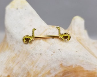 Pair of 14G gold plated dinosaur ends nipple bars