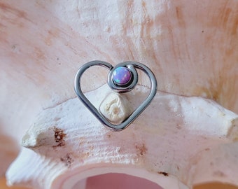 16G Titanium daith heart shaped earring with purple fire opal embellishment LEFT EAR