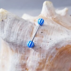 14G Blue candy stripe arylic tongue barbell with ball ends - Single piece