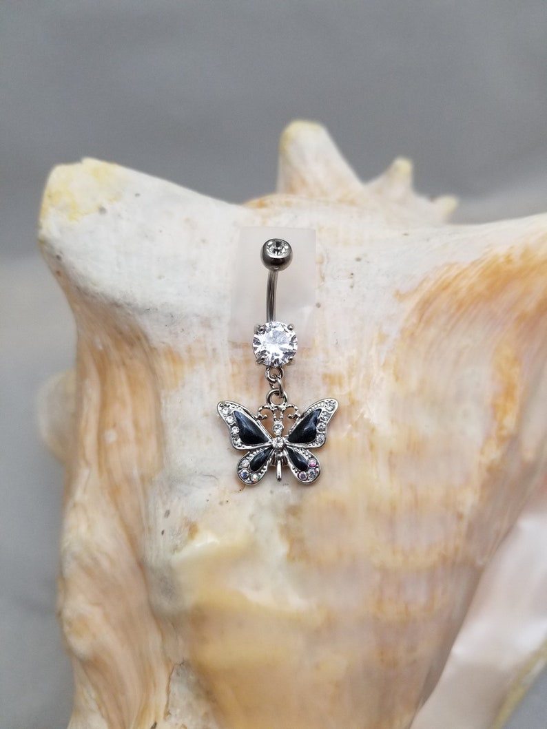 14G Black Butterfly Dangle Stainless Steel Clear CZ Belly Ring