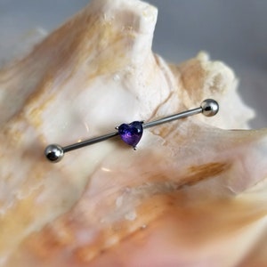 Purple Heart 14G industrial barbell cubic zirconia 1.5 inches prong set CZ gem