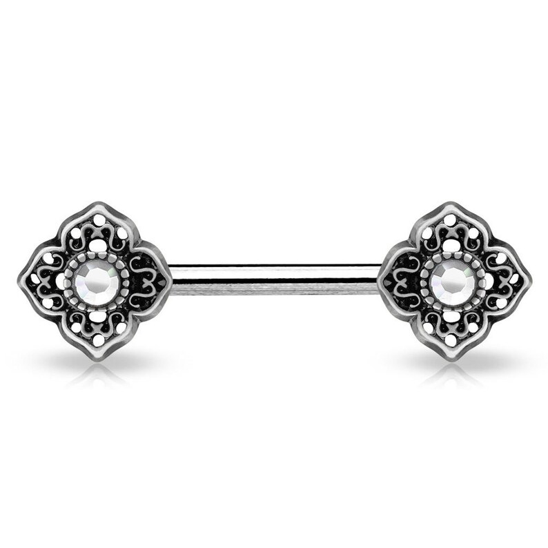 Pair of 14G antique ends nipple bars clear pink or blue crystal center stainless steel